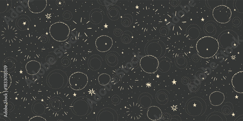 Seamless pattern with simple stars, fireworks, and dots on a black background. Abstract vector background for astrology, boho zodiac, and fortune telling.