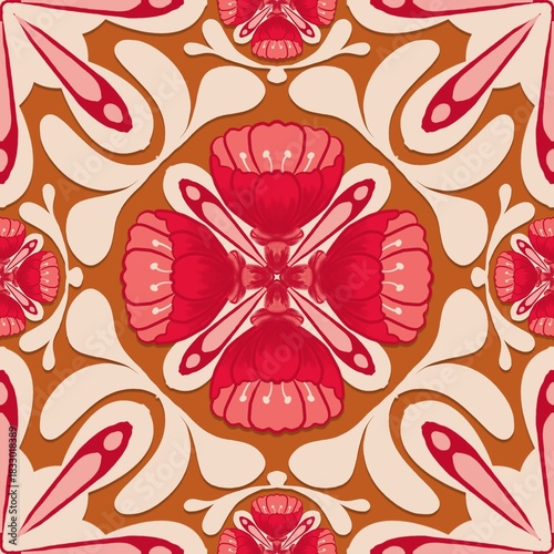 abstract floral background,red,pink,white curves ,painted create to flowershape, leaves, brown background in geometric patterns as sarong,fabric,tile,printed fabric,batik,tablecloth patterns.