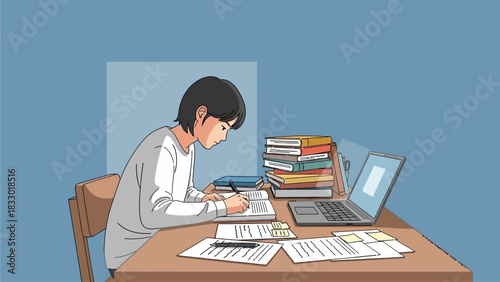 A young student diligently studies at a desk filled with books, a laptop, and various documents.