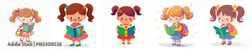 vector of a little female student standing reading a book