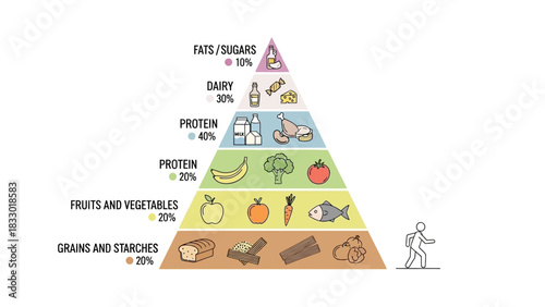 A colorful food pyramid illustrating different food groups and their recommended daily intake percentages, including grains, 