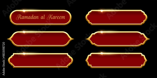 Ramadan frames. Islamic frames with gold borders shown as red decorative labels in traditional Arabian shapes. Set of banners for Ramadhan and oriental festive design. Luxury vector illustration.