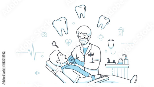A dentist examining a patient in a dental chair with floating teeth illustrations.