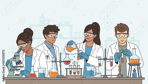 Diverse group of scientists conducting experiments in a laboratory with various chemical equipment and a microscope.