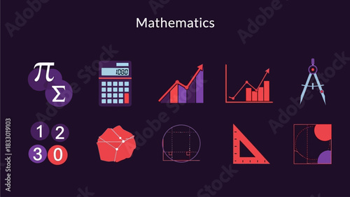 Collection of mathematical and geometric icons on a dark background, including symbols, tools, and graphs.