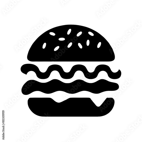 Simple black silhouette icon of a delicious hamburger with sesame seeds on the bun isolated on white background