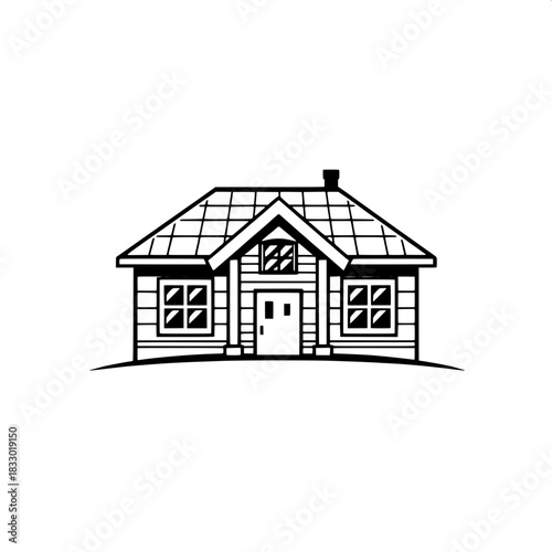 Crisp vector-style house drawing featuring a prominent pitched roof with clean lines and linear window details, presented in a monochrome black and white color scheme, symmetrically centered to serve 