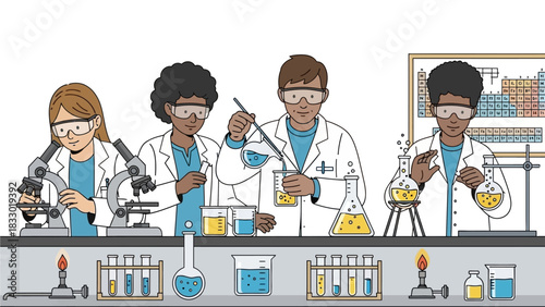 Four diverse students or scientists conducting experiments in a laboratory with various scientific equipment like microscopes, beakers, and test tubes.