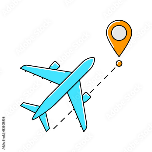 Airplane with marker icon. Air travel and tourism item.