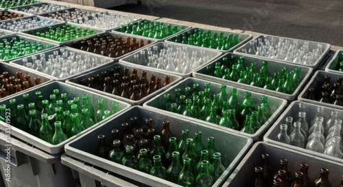 Recycled glass bottles in grey plastic bins