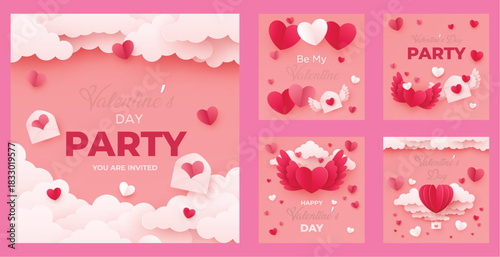 A charming Valentine’s Day party invitation and social media banner set designed with soft pink tones, floating hearts, clouds, love letters, and romantic paper-cut style elements. Perfect for event p