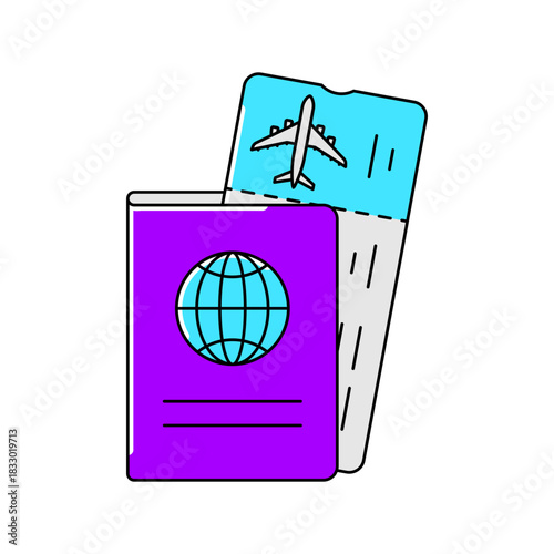 Passport with boarding pass icon. Air travel and tourism item.