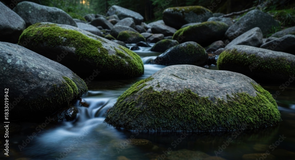 Fototapeta premium Rocky stream bed, moss-covered stones, flowing water