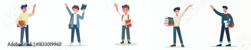 vector of male student carrying book waving hand