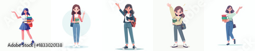 vector of female student carrying book waving hand