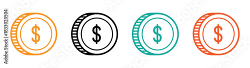 Dollar money coin icon. Colorful dollar coins for financial success and wealth growth.   Flat illustration of dollar money coin vector icon for web design. Money icon. Dollar icon. 