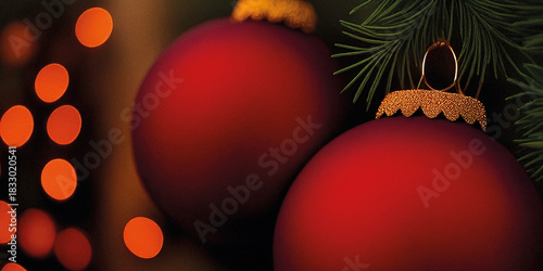 Rote Weihnachtskugeln am Tannenbaum mit festlichem warmen Bokeh - Querformat 