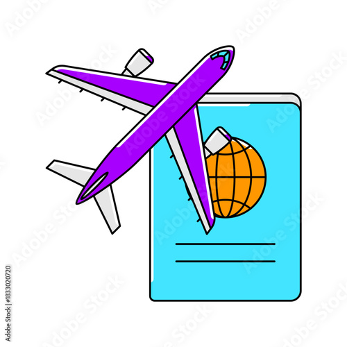 Airplane with passport icon. Air travel and tourism item.