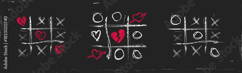Scribble. Love and Heartbreak Tic-Tac-Toe on Chalkboard. Collection of drawn grids with crosses and noughts.