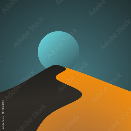 Minimalist night desert scene featuring moonlight over smooth sand dunes with cool gradient tones. Modern, simple, and atmospheric design perfect for posters, decor, and digital artwork.
