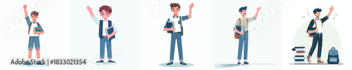 vector of male student carrying book waving hand