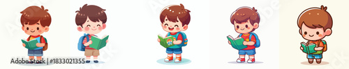 vector of a little male student standing reading a book