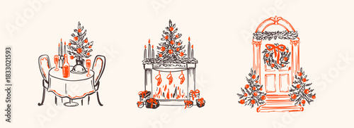 Set of hand drawn crayon doodle whimsical Merry Christmas and Happy New Year home design elements. Door with xmas wreath. Celebration Christmas dinner table. Fireplace with gift boxes and stockings