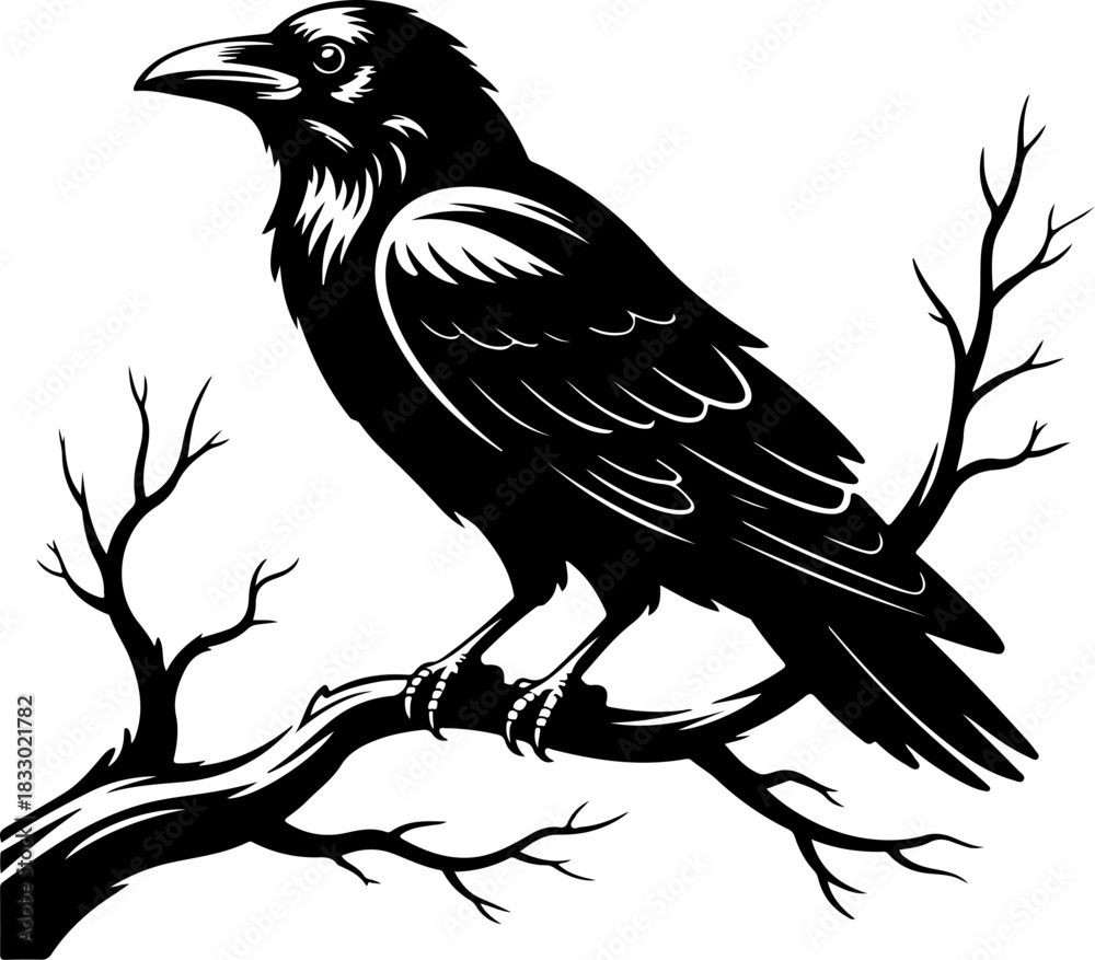 Fototapeta premium A raven sitting on a bare tree branch silhouette vector illustration