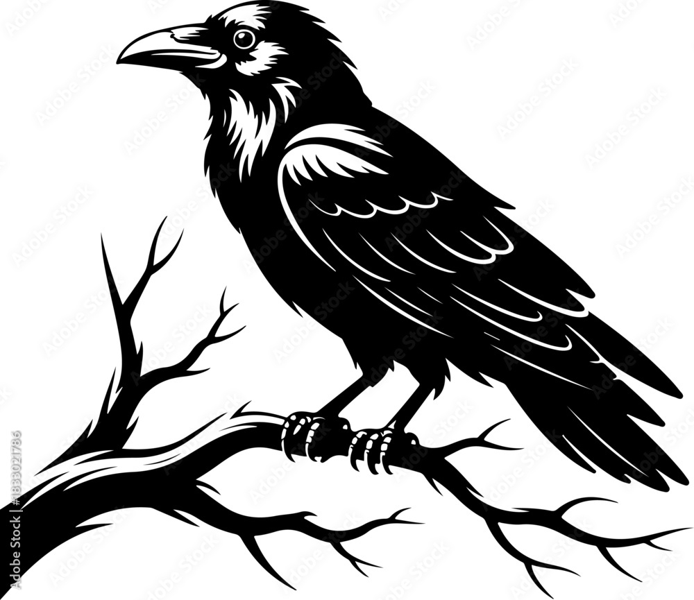 Obraz premium A raven sitting on a bare tree branch silhouette vector illustration