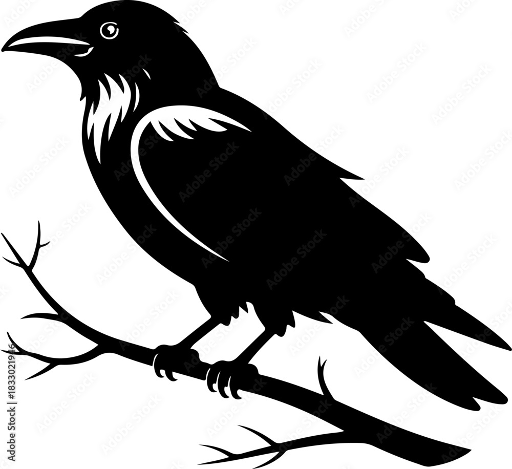 Obraz premium A raven sitting on a bare tree branch silhouette vector illustration