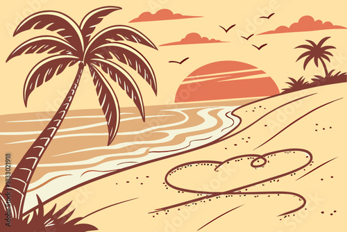 Sunset on a tropical beach with a heart drawn in the sand