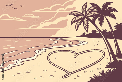 Beach scene with heart shape art on the sand, tropical landscape 