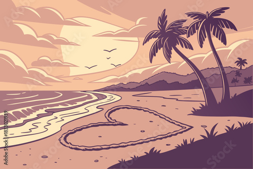 Beach landscape with heart drawing, palm trees, and sunset sky.