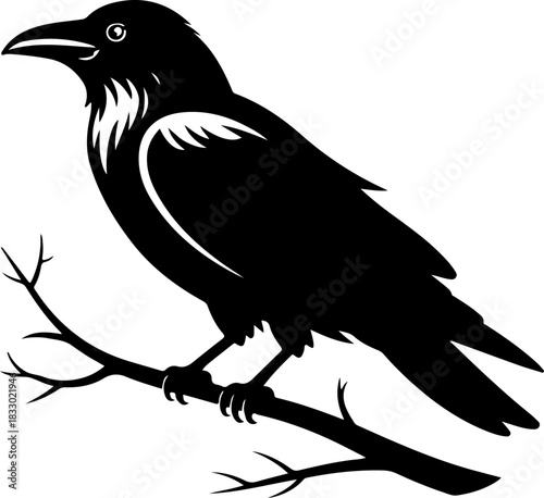 A raven sitting on a bare tree branch silhouette vector illustration