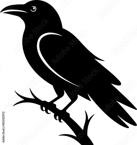 A raven sitting on a bare tree branch silhouette vector illustration
