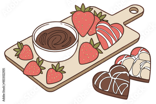 Sweet strawberries with chocolate dip and heart-shaped cookies on wooden board 
