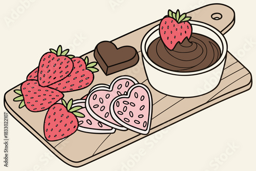 Delicious arrangement of strawberries, chocolate hearts, cookies, and chocolate dip on a wooden board