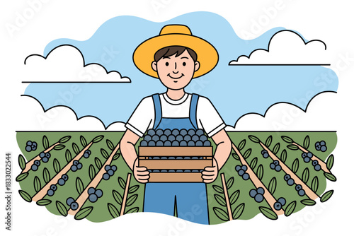 A farmer holding a crate of blueberries in a blueberry field illustration