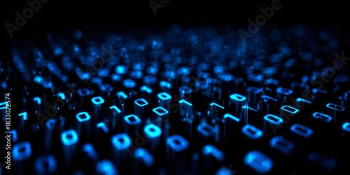 Illuminated blue binary code streams upward across a dark digital surface in a deep focus perspective.