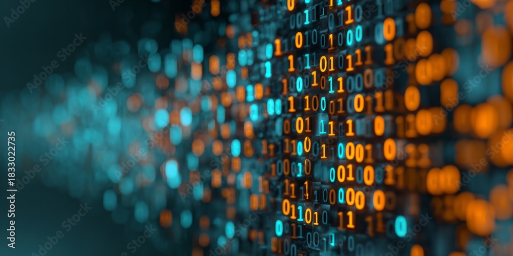 Obraz premium Digital stream of binary code flows across a dark background with contrasting colors