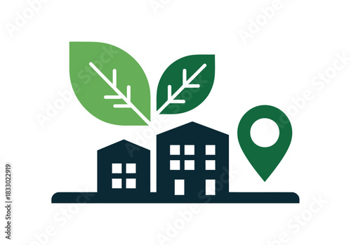 Stylized illustration of buildings with leaves and a location pin icon