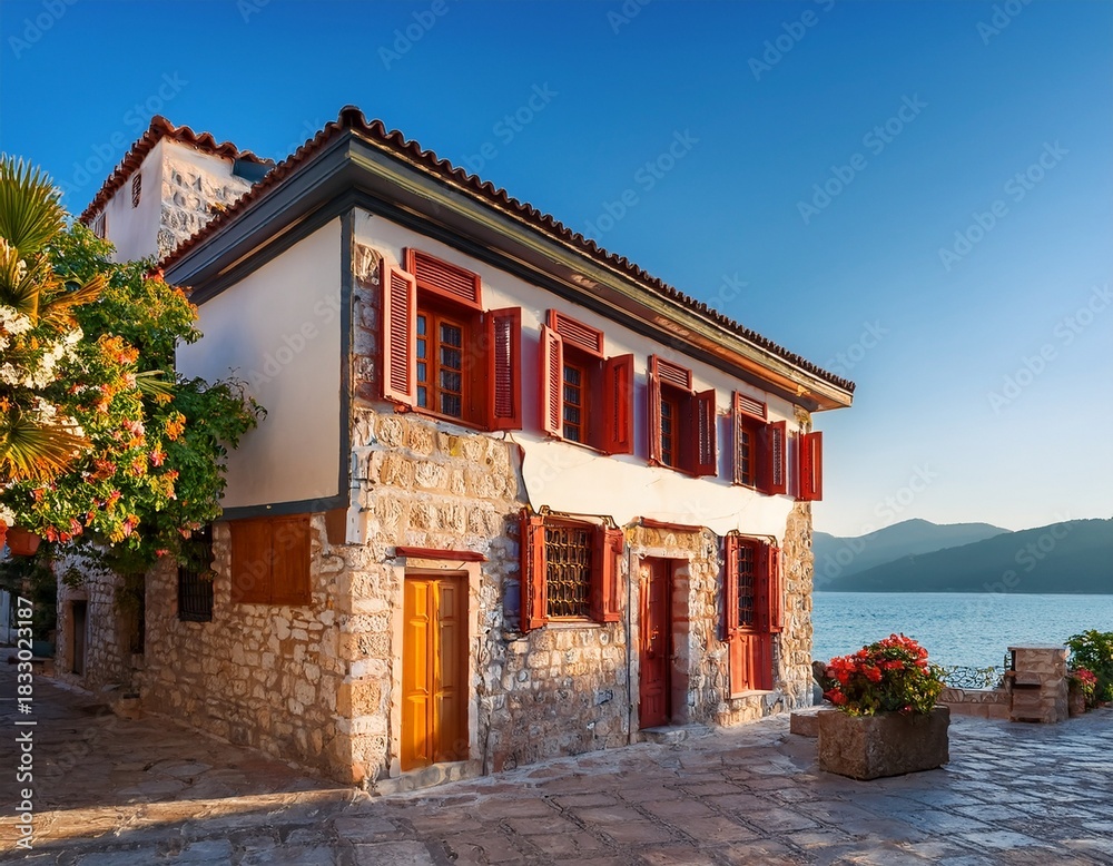 Fototapeta premium marmaris turkey historic stone building with brightly painted shutters