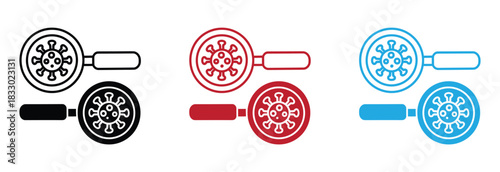 Modern virus research and discovery icons black red blue. Magnifying Glass Over Virus Icon.