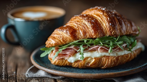 Buttery croissant sandwich filled with premium cured ham, cheese, and fresh arugula resting on a ceramic plate within a rustic wooden set.