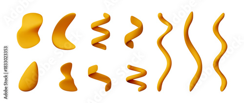 Set of yellow 3d party confetti streamer elements. Playful fun design for celebration, festive, event, birthday, Anniversary, New Year, Merry Christmas, holiday. Vector illustration