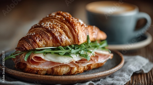 Buttery croissant sandwich filled with premium cured ham, cheese, and fresh arugula resting on a ceramic plate within a rustic wooden set.