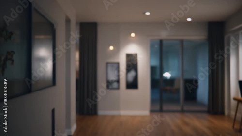 Room lights turning ON automatically as motion is detected, cinematic wide shot of modern home interior, smooth exposure change