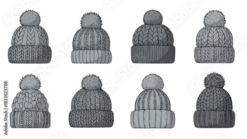 Seamless pattern of grey knitted hats with pom-poms on a clean white background for winter fashion accessory concept and cozy design element