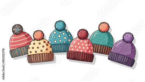 Vibrant collection of colorful knitted winter hats with fluffy pom-poms on a white background for cold weather fashion concept and festive warmth