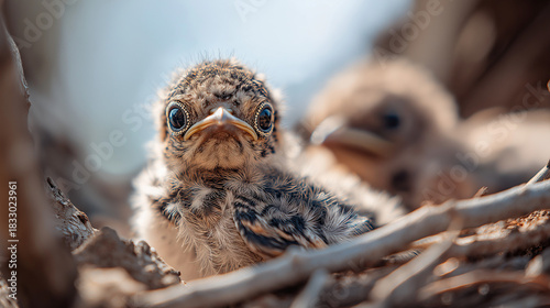 noticeably. A fluffy fledgling bird in a nest, smaller than its siblings, with a soft-focus background. wildlife magazines, conservation campaigns, designed for eco-tourism storytelling.
